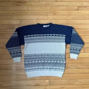 Northern Reflections Vintage Blue White Heart Fair Isle Wool Blend Sweater L